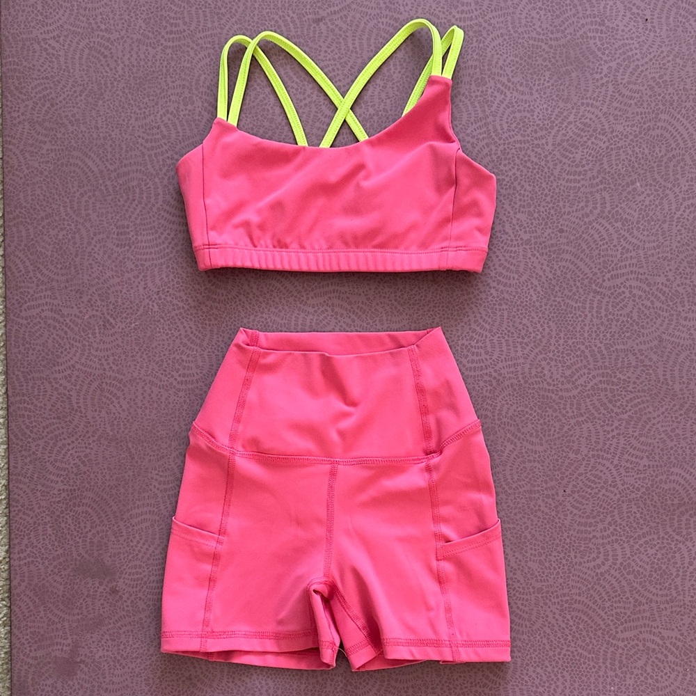 Five Dancewear Girls Pink and Neon Yellow Sports Bra and Shorts Set, YL, EUC